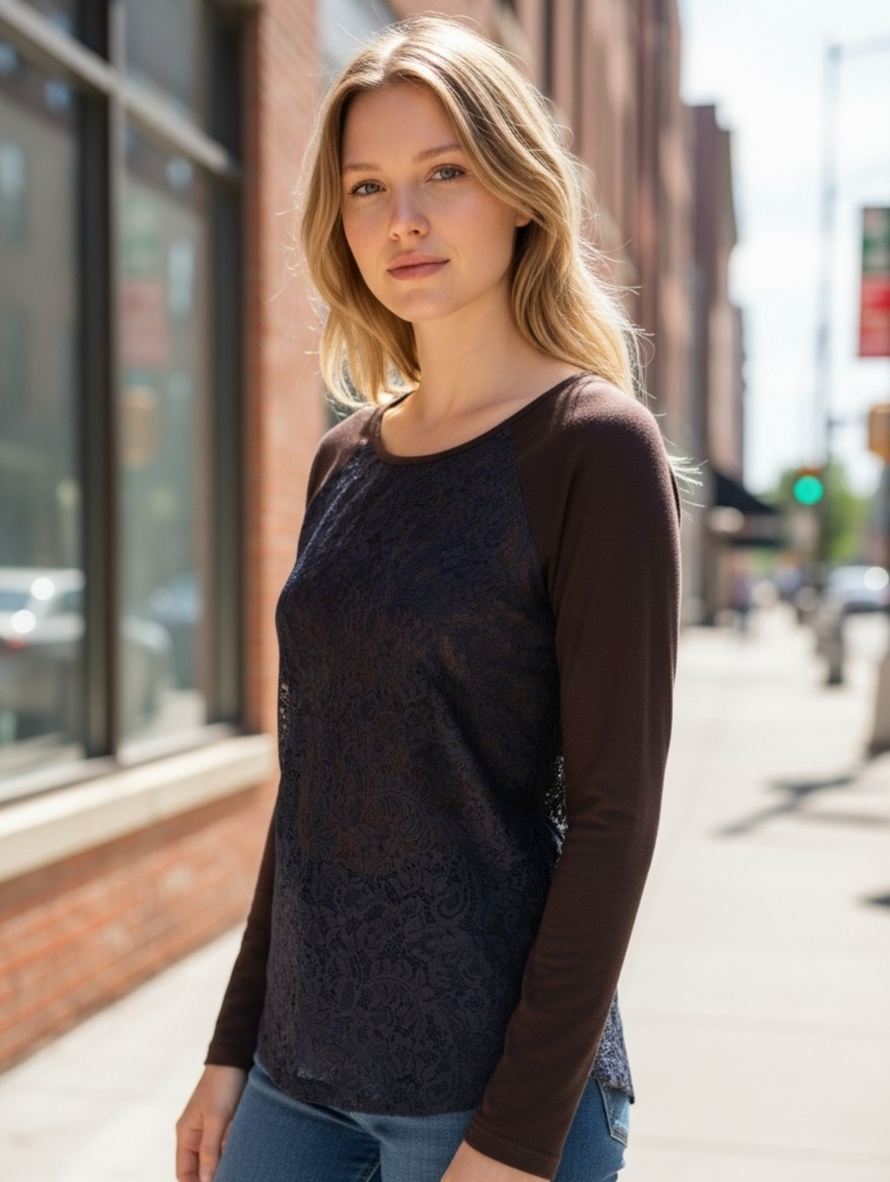 Kenneth Cole Black Lace Front Long Sleeve Top with Sleeves 4399